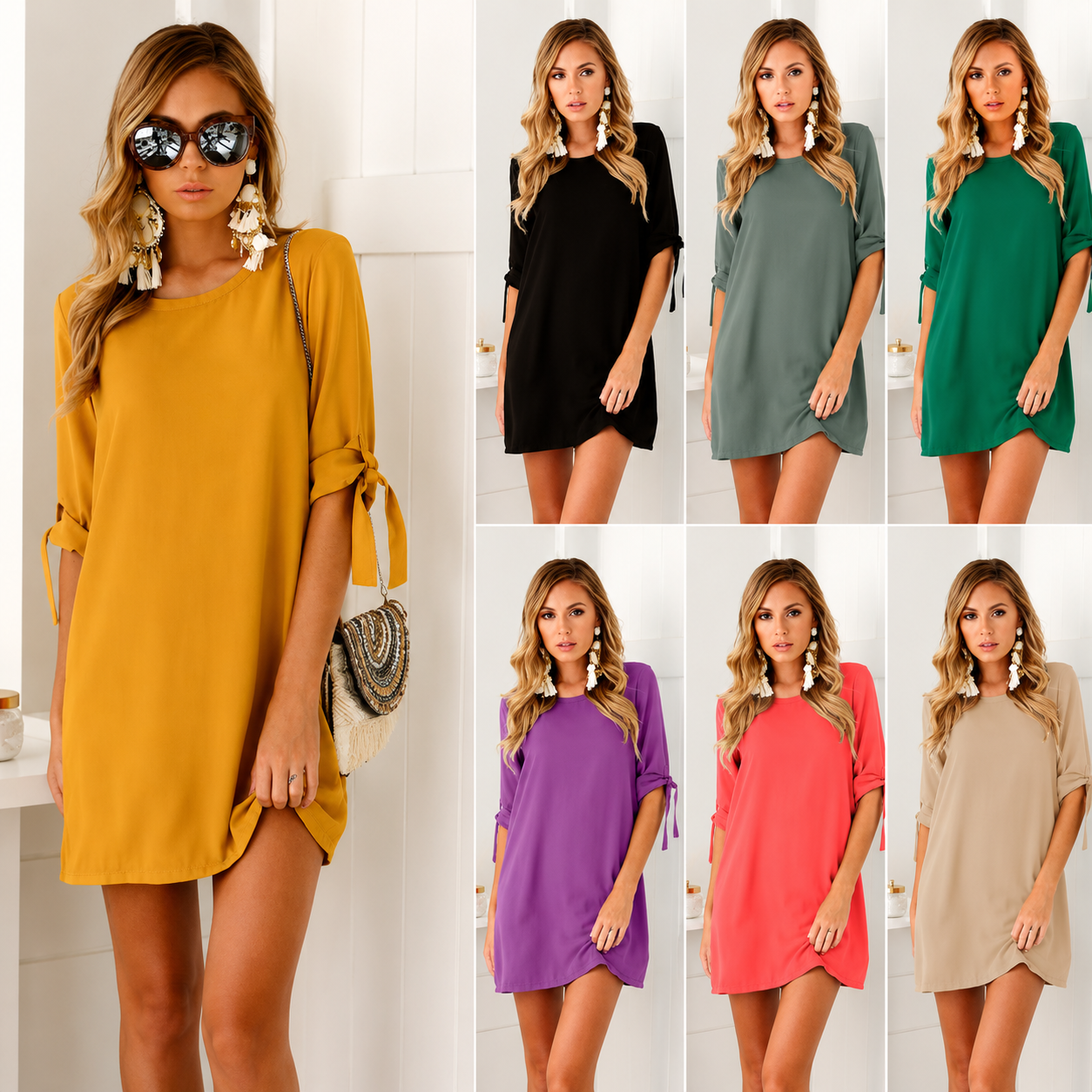 Vestido Casual Manga 3/4 com Laço